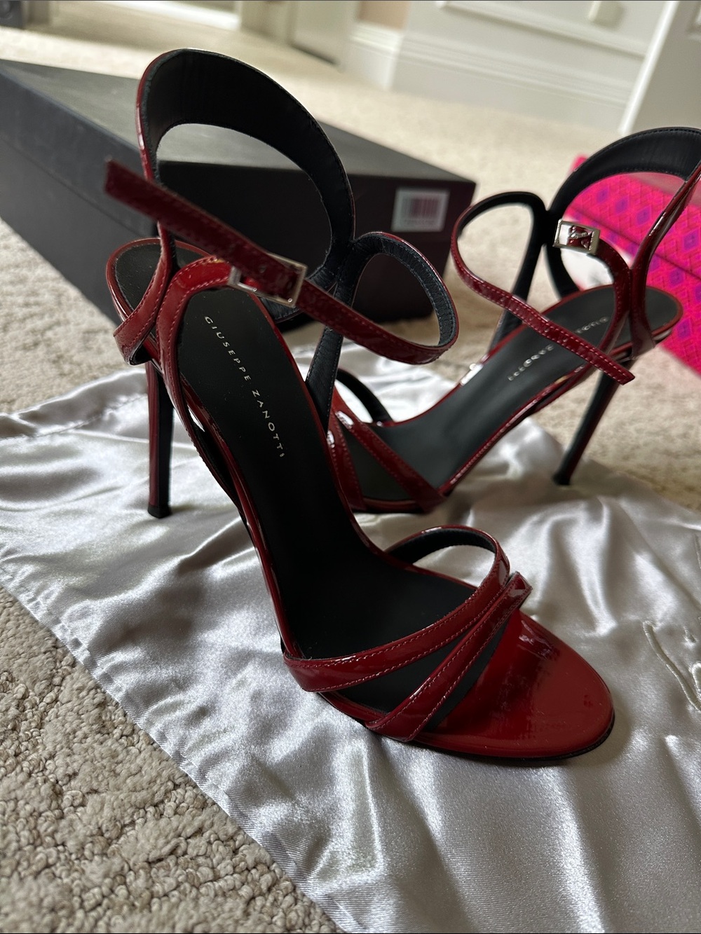 Giuseppe Zanotti Burgundy Patent Leather Strappy Stiletto Sandals